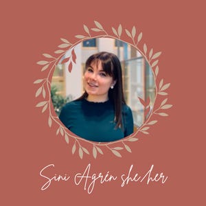 A woman smile with her head tilted to the side wearing a green sweater with her name, Sini Agren, and her pronouns, she/her, underneath in cursive font.