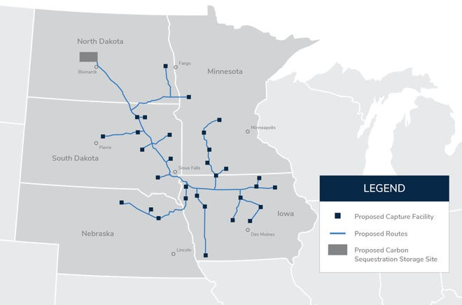A map of Summit Carbon Solutions proposed $5.5 billion, 1,971-mile CO2 pipeline.