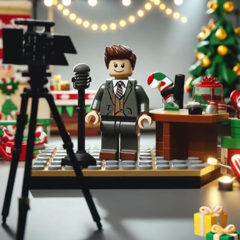 A festive LEGO scene featuring a LEGO figure in a suit standing on a small stage with a microphone, set up for a holiday broadcast. A camera is positioned in front of the stage, capturing the scene. The background is adorned with string lights, a decorated Christmas tree, wrapped gifts, and holiday decorations.