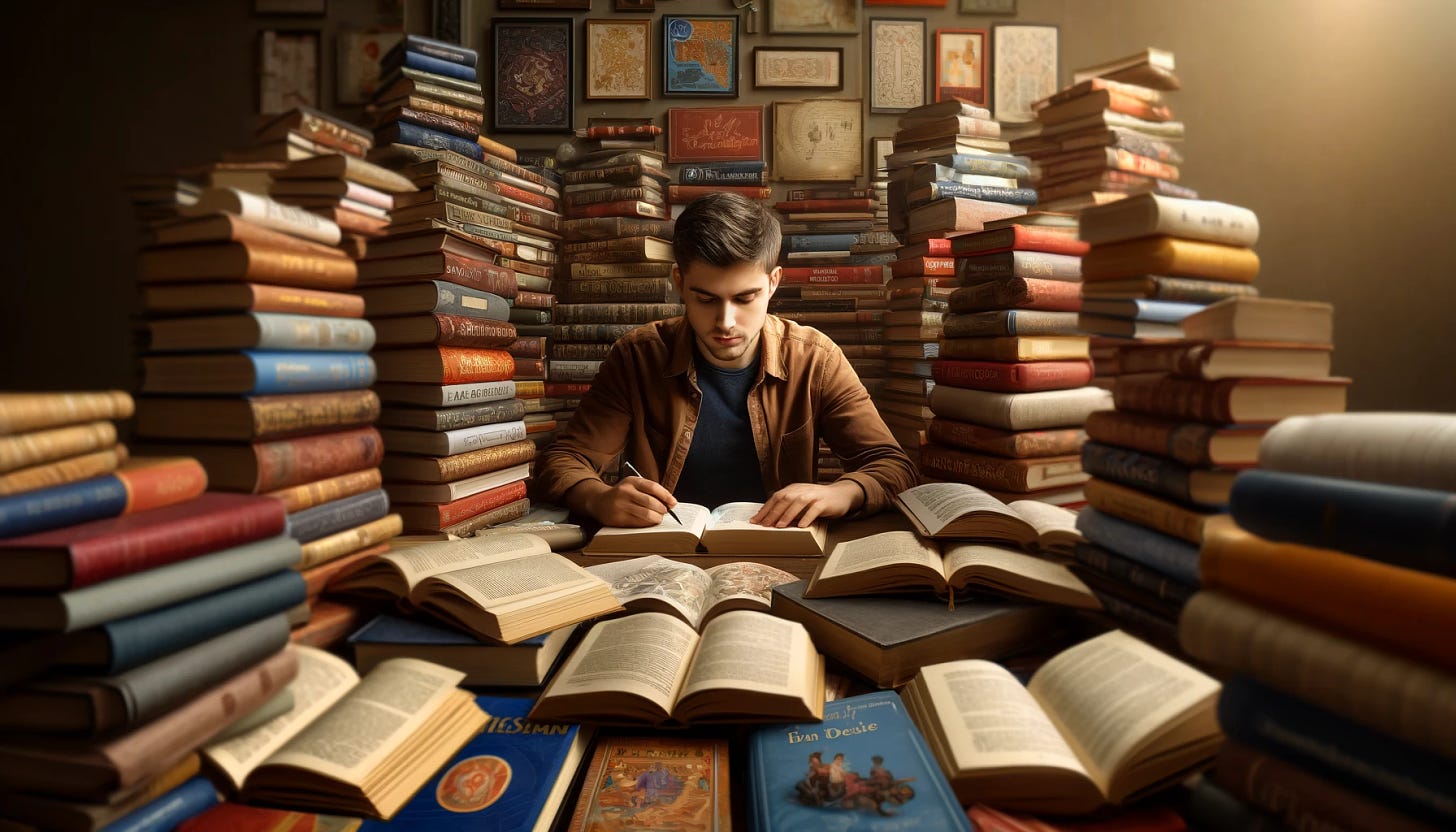 Person sitting at a desk, surrounded by open books covering different subjects like science, history, art, mathematics, and literature, in a cozy room with warm lighting, deeply engaged in learning.