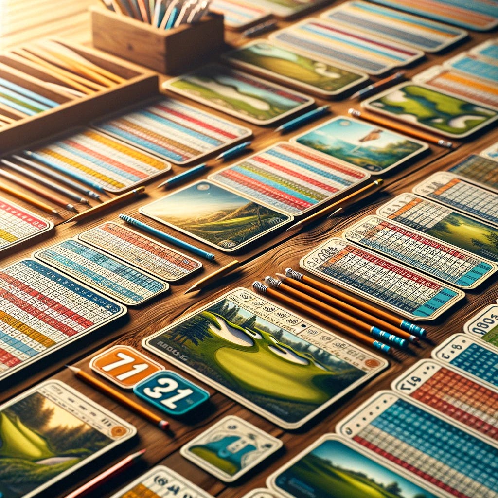 A detailed image showing a wooden desk covered with 71 individual golf scorecards, each clearly distinct and spread out to cover the entire surface. The scorecards vary in design, some with colorful accents and detailed layouts, reflecting different golf courses. The desk also features a few golf pencils scattered among the scorecards, and there's a soft, warm light illuminating the scene, suggesting a cozy office environment typical of a golf enthusiast.