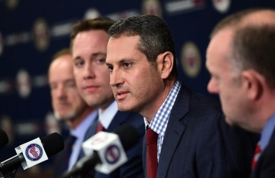 The Minnesota Twins introduced new Senior Vice President/General Manager Thad Levine, speaking, to the media at Target Field in Minneapolis, Monday,  Nov. 7, 2016. From left: CEO Jim Pohlad, Executive Vice President/ Chief Baseball Officer Derek Falvey, Levine, and Dave St. Peter, President.  (Pioneer Press: Scott Takushi)