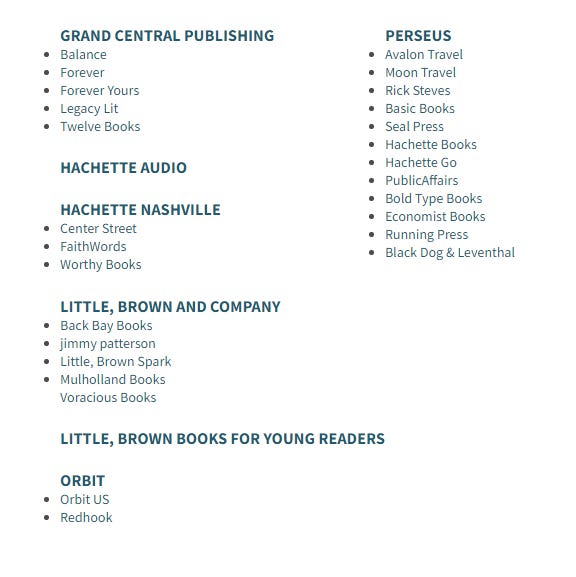A screenshot from Hachette's website listing their imprints, which do not include Fractal Books