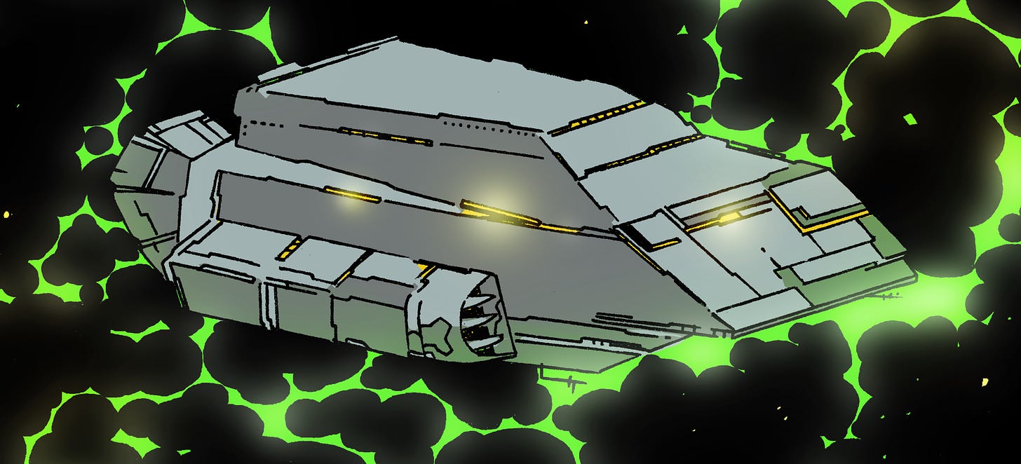 Starship surrounded by green energy