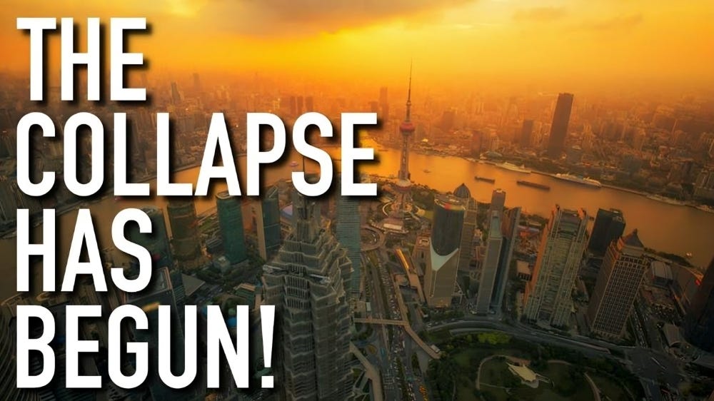 A sunset-lit cityscape of Shanghai with bold text reading "The Collapse Has Begun," illustrating the start of China's economic breakdown and its global consequences.