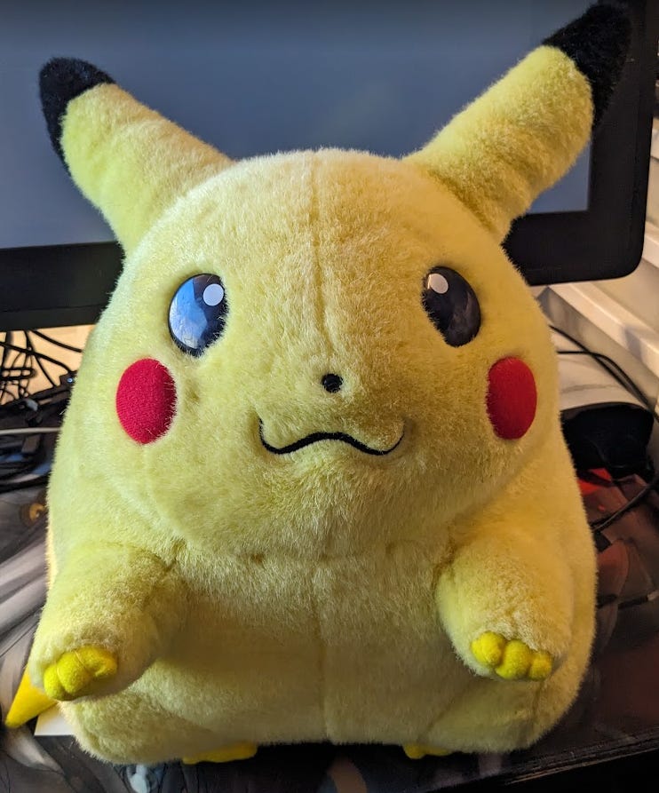 Faeore's plush Pikachu, a Japanese import that she found at a local shop while she was attending college
