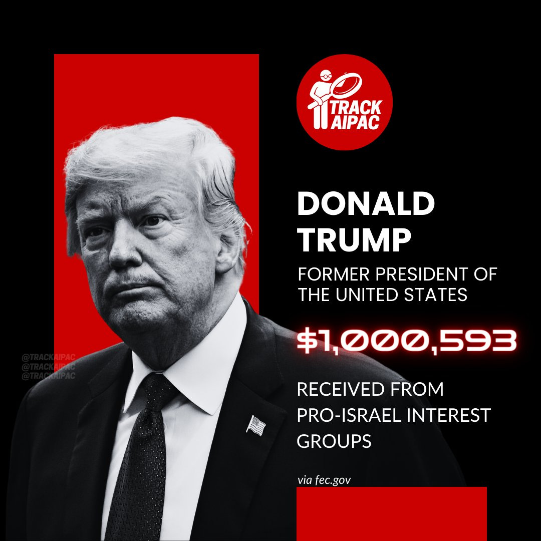 TrackAIPAC logo next to a black and white image of Former President Donald Trump with the following text:

Donald Trump
Former President of the United States

$1,000,593 received from pro-Israel interest groups.

via opensecrets.org