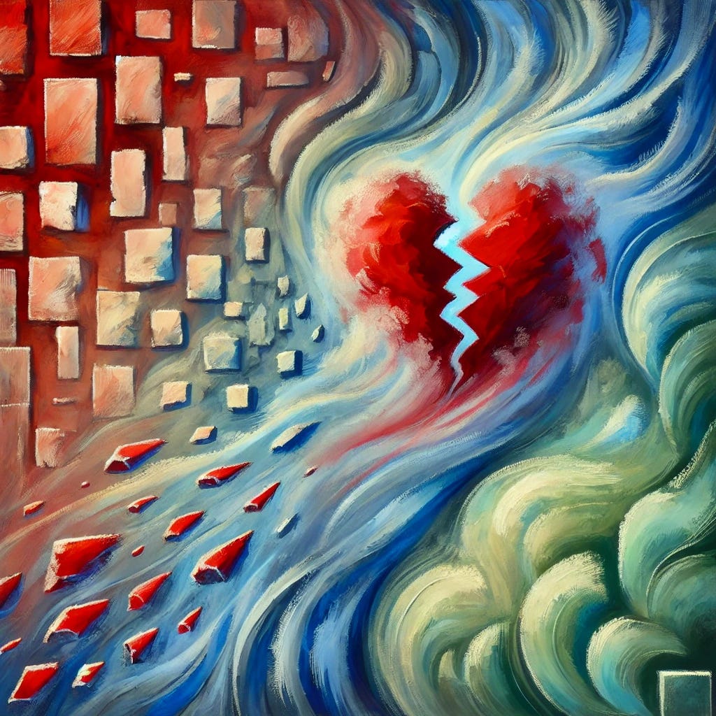 An abstract painting representing the emotional journey of heartbreak and healing. The focus is on fragmented red shapes symbolizing pain, with flowing, soft forms in calming blues and greens representing healing. The design is entirely abstract, without recognizable objects, using contrasting textures and colors to evoke a sense of emotional transformation over time.