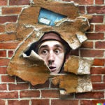 “One Less Brick in the Wall,” collaboration with Dall-E by author. The face of a mid-thirties grad student in a wool cap bursts through a surrealistic brick wall.