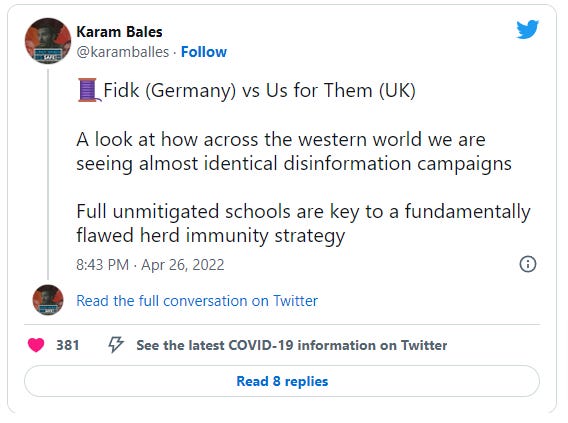 Karam Bales on Twitter: 🧵Fidk (Germany) vs Us for Them (UK)  A look at how across the western world we are seeing almost identical disinformation campaigns   Full unmitigated schools are key to a fundamentally flawed herd immunity strategy