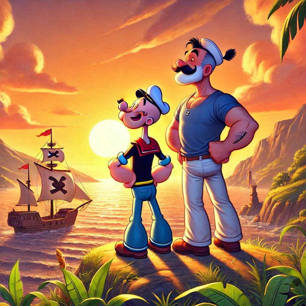 Popeye and walt Disney looking at the sea at the top of a hill at sunset, cartoon style