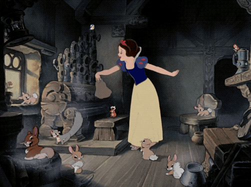 Snow White cleaning (with tiny animal helpers)