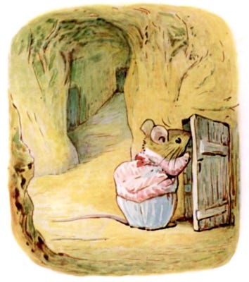 a little mouse in her safe burrow, peering out the door