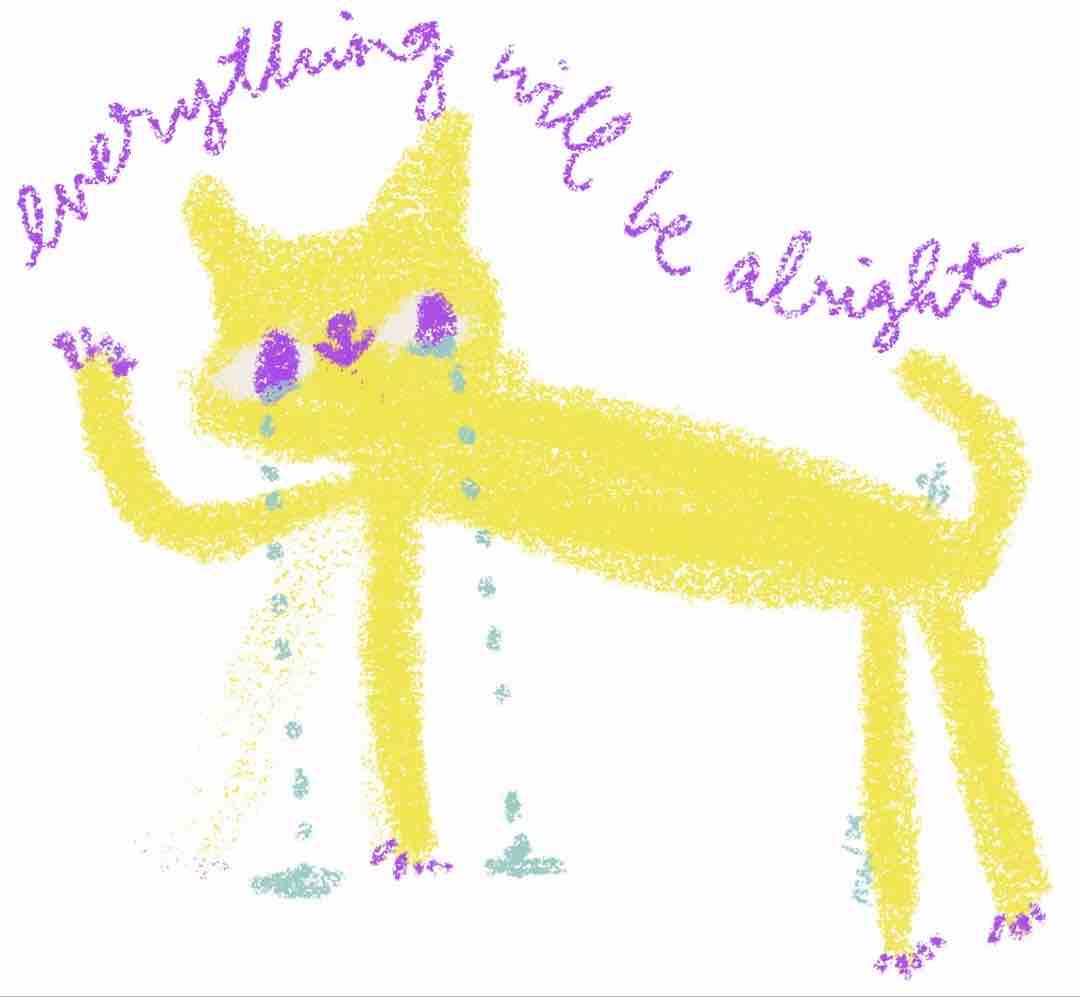 A yellow cat crying with one hand raised. Text reads: everything will be alright