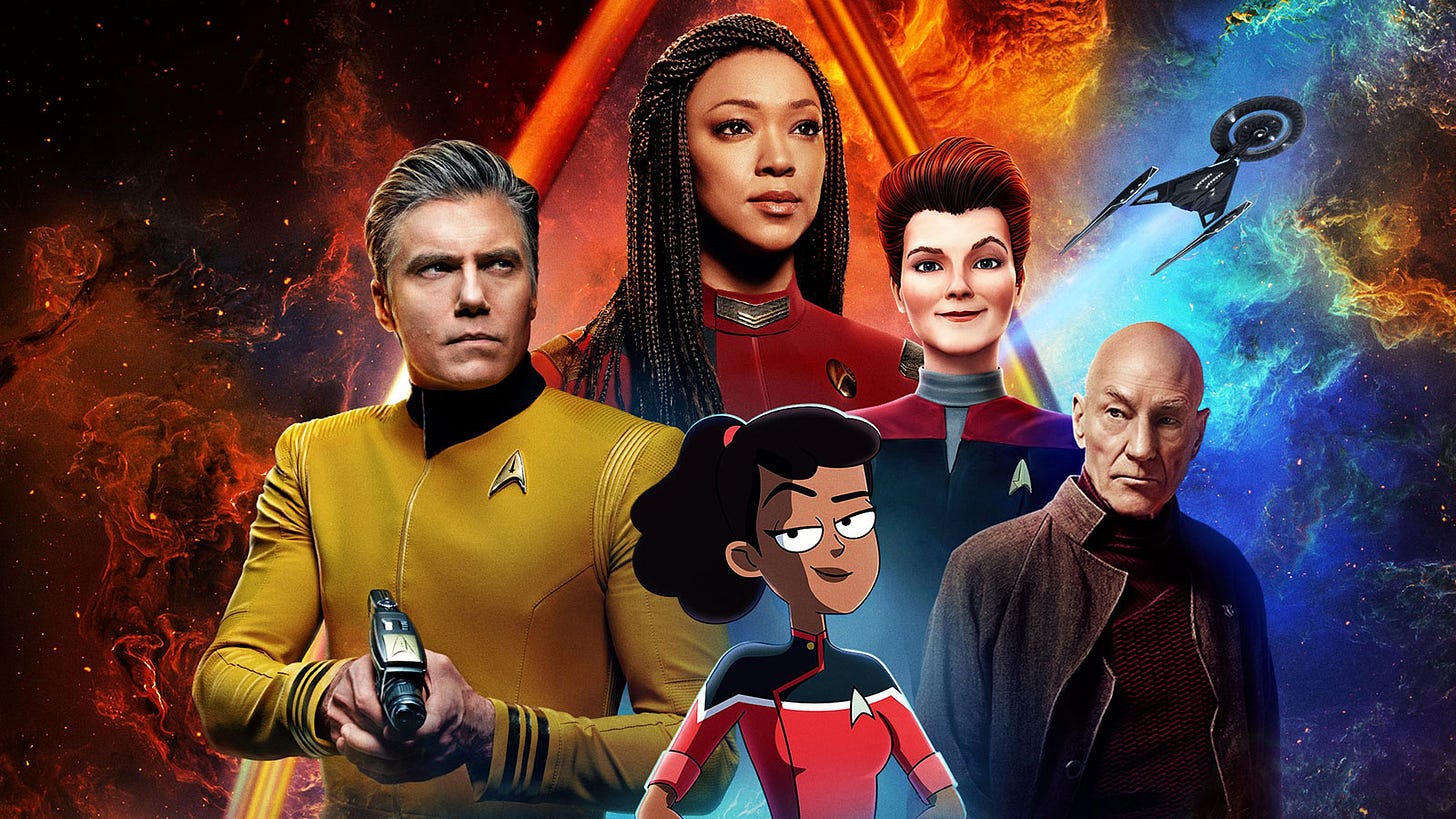 This image shows a collage of the lead characters from all current (as of February 2023) New Trek series. Clockwise from left to right are Anson Mount as Christopher Pike in Strange New Worlds, Sonequa Martin-Green as Michael Burnham in Star Trek: Discovery, the animated Kathryn Janeway (voiced by Kate Mulgrew) in Prodigy, Sir Patrick Stewart as Jean-Luc Picard in Picard, and the animated Beckett Mariner (voiced by Tawny Newsome) in Lower Decks. Behind them is a rendering of galactic space, while an image of the U.S.S. Discovery appears in the top left corner. This image shows a collage of the lead characters from all current (as of February 2023) New Trek series. Clockwise from left to right are Anson Mount as Christopher Pike in Strange New Worlds, Sonequa Martin-Green as Michael Burnham in Star Trek: Discovery, the animated Kathryn Janeway (voiced by Kate Mulgrew) in Prodigy, Sir Patrick Stewart as Jean-Luc Picard in Picard, and the animated Beckett Mariner (voiced by Tawny Newsome) in Lower Decks. Behind them is a rendering of galactic space, while an image of the U.S.S. Discovery appears in the top left corner.