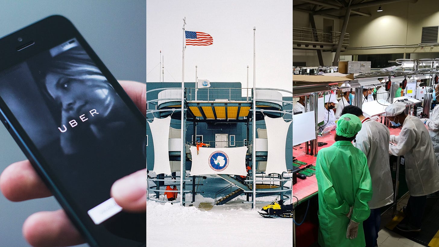 Three images in a row: Uber app, US Antarctic research station, workers in an iPhone factory in India