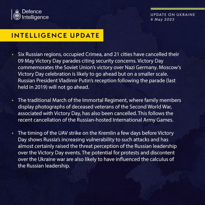 Latest Defence Intelligence update on the situation in Ukraine - 6 May 2023.