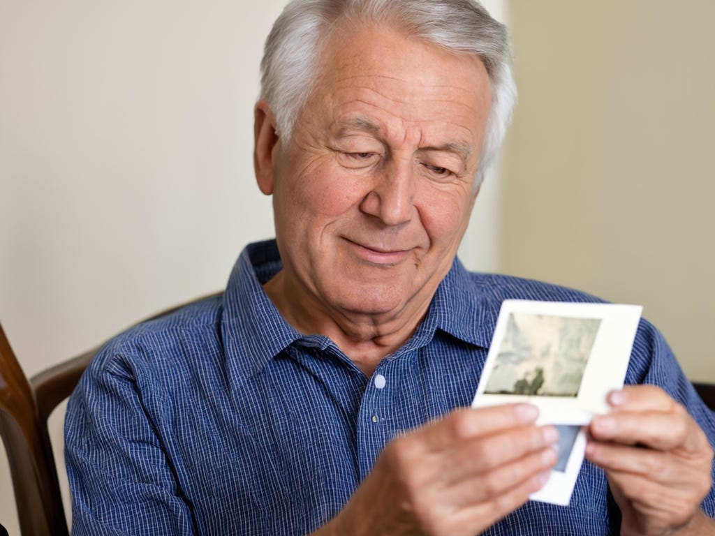 Portrait of a 75-year-old white man with white hair and no glasses in a blue shirt. He stares intently at a photo he holds in both hands.