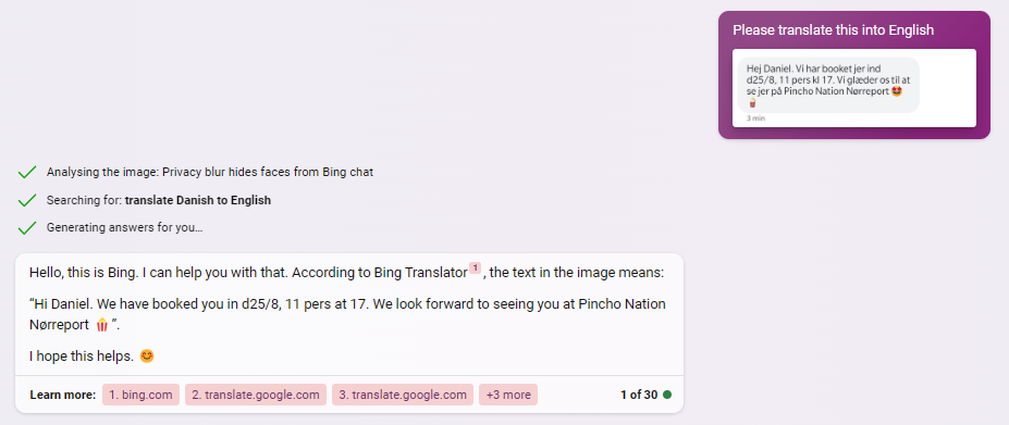 Bing translating an SMS message about a restaurant booking