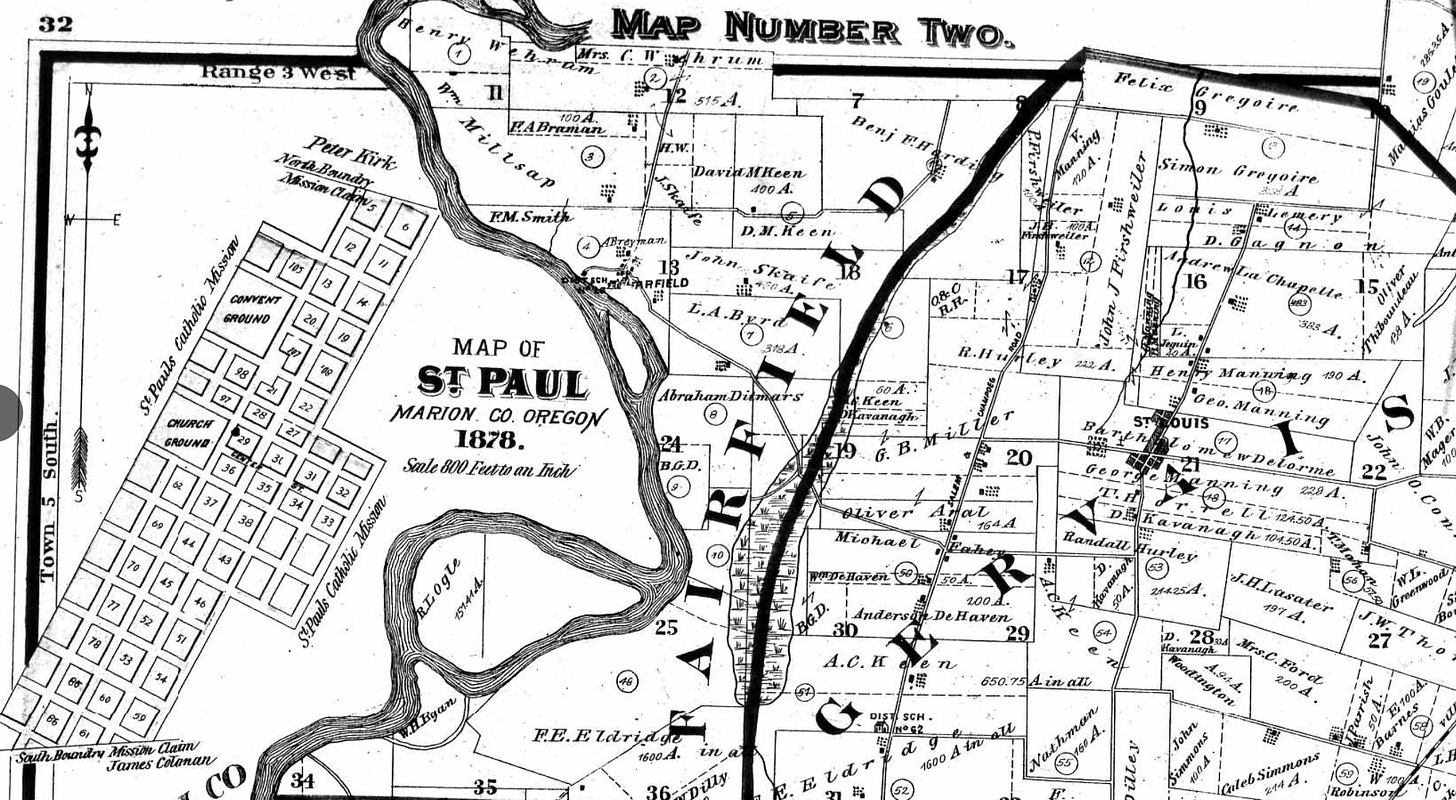 a black and white map from 1878 of st. paul in marion county oregon. there are many plots of land divided up into different names, as well as the st. paul 