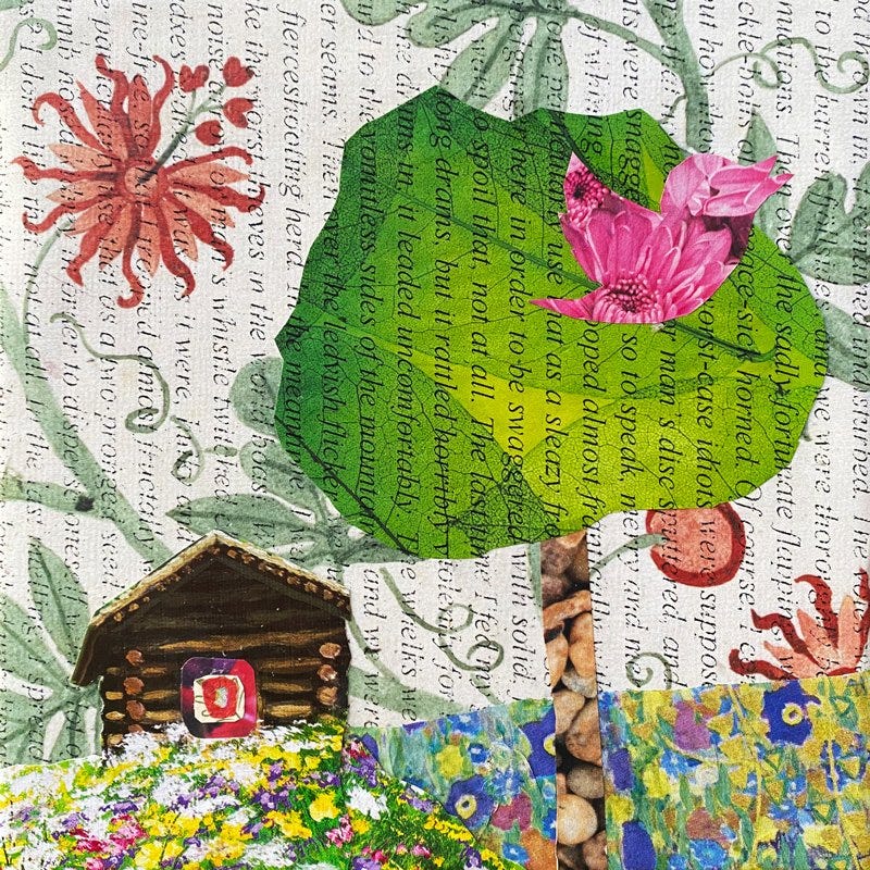 A collage depicting a garden with a tree and a log cabin