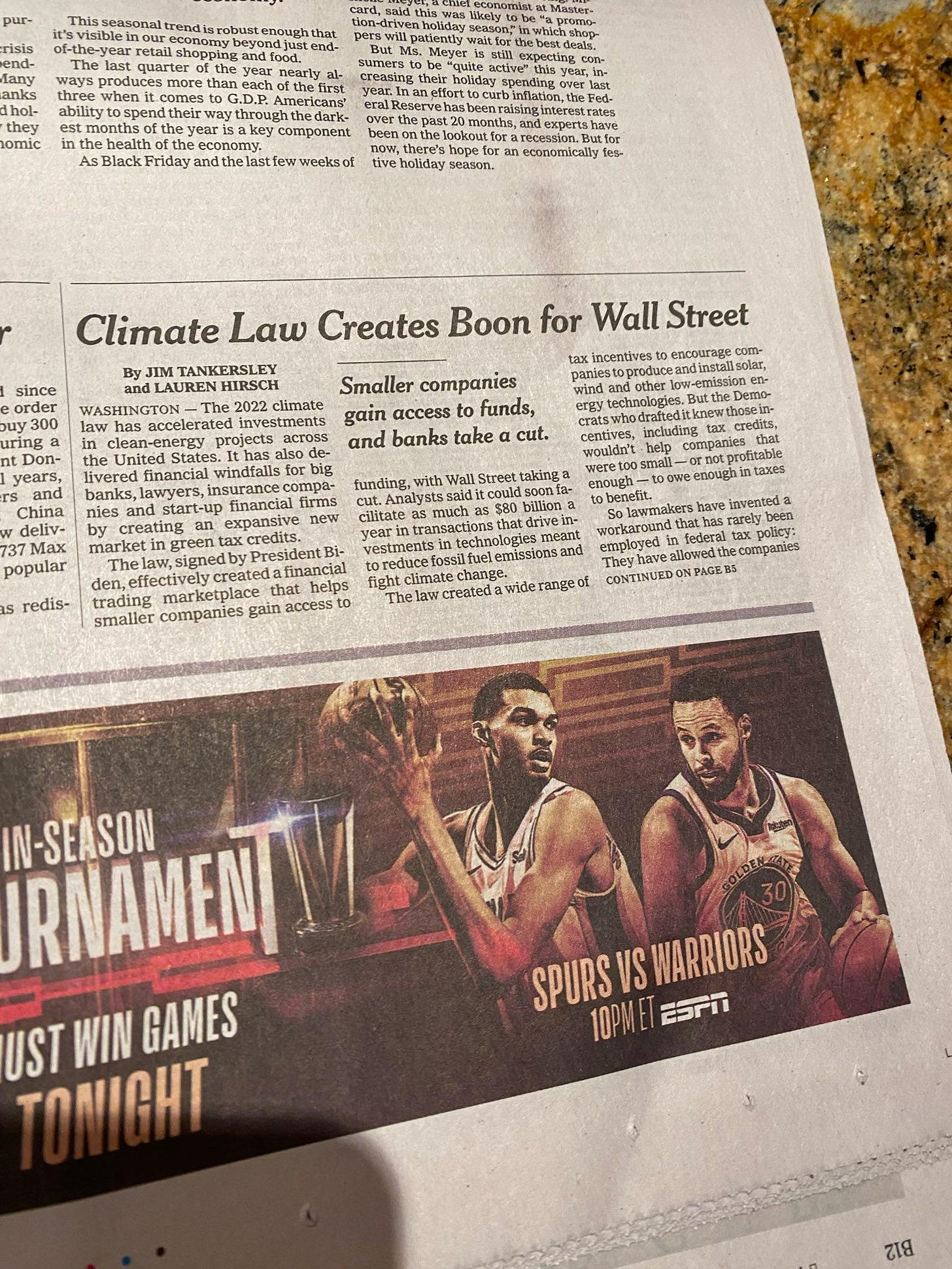 NYT article "Climate Law Creates Boon for Wall Street"