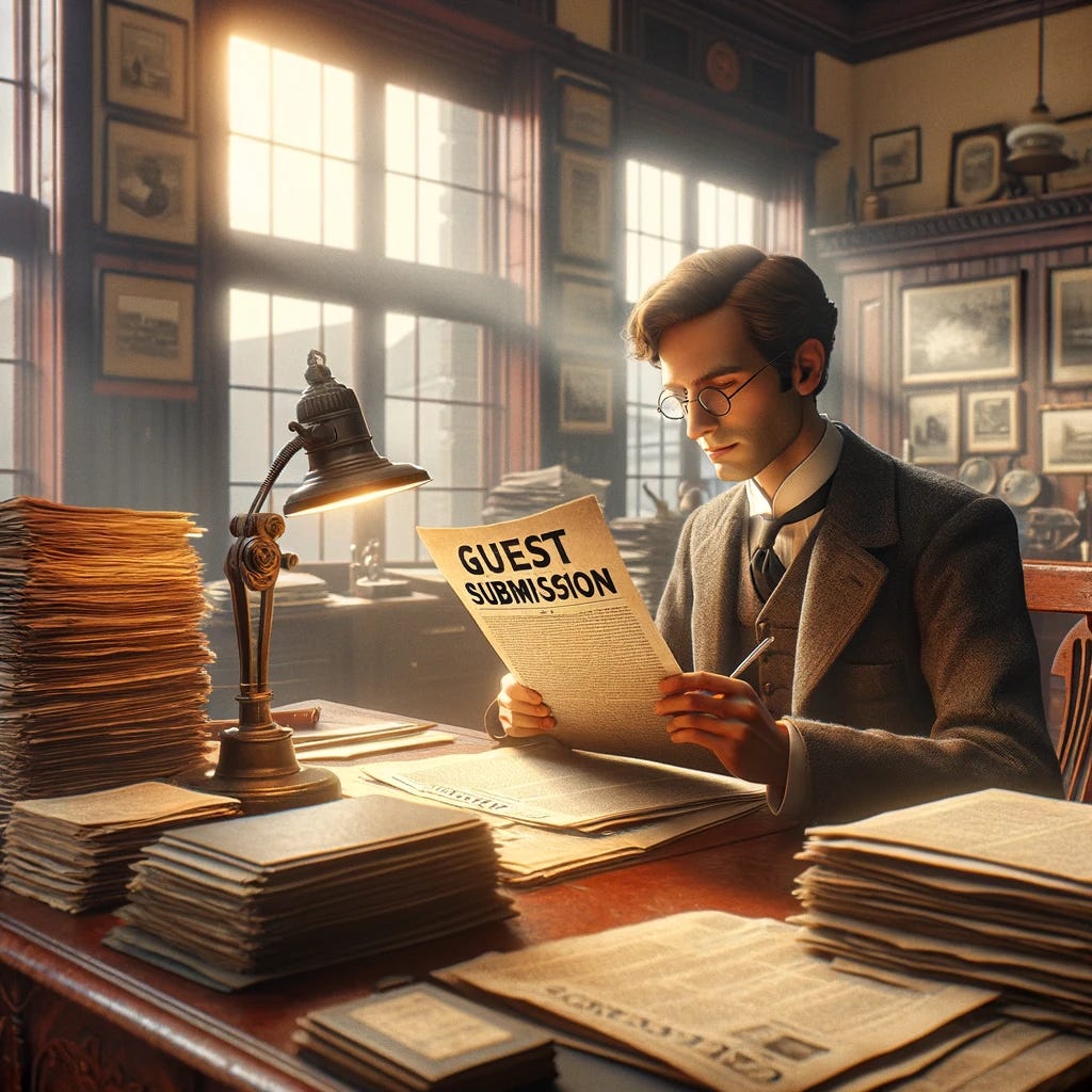 A scene depicting a newspaper editor in a traditional office setting, reading a guest submission. The editor is seated at an antique wooden desk, surrounded by stacks of papers and books. The editor is focused, wearing glasses and holding the guest submission paper in hand. The office has a classic, vintage feel, with a large window in the background, through which sunlight is streaming in, casting a warm glow over the scene. The room is decorated with framed pictures and a bookshelf filled with various books.