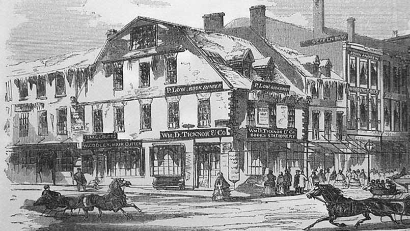 Engraving of the Old Corner Bookstore, Boston, in the time of Ticknor and Fields