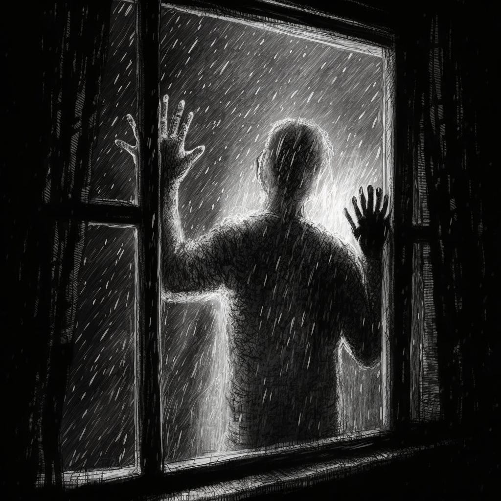 A dark faceless figure with too many fingers leers through your window during a rainy night.
