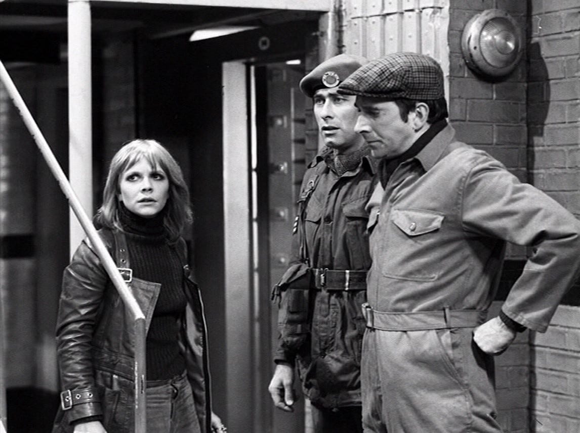 The Brigadier in mufti (sans moustache), with Sergeant Benton and Miss Grant, in a rehearsal shot from The Mind of Evil