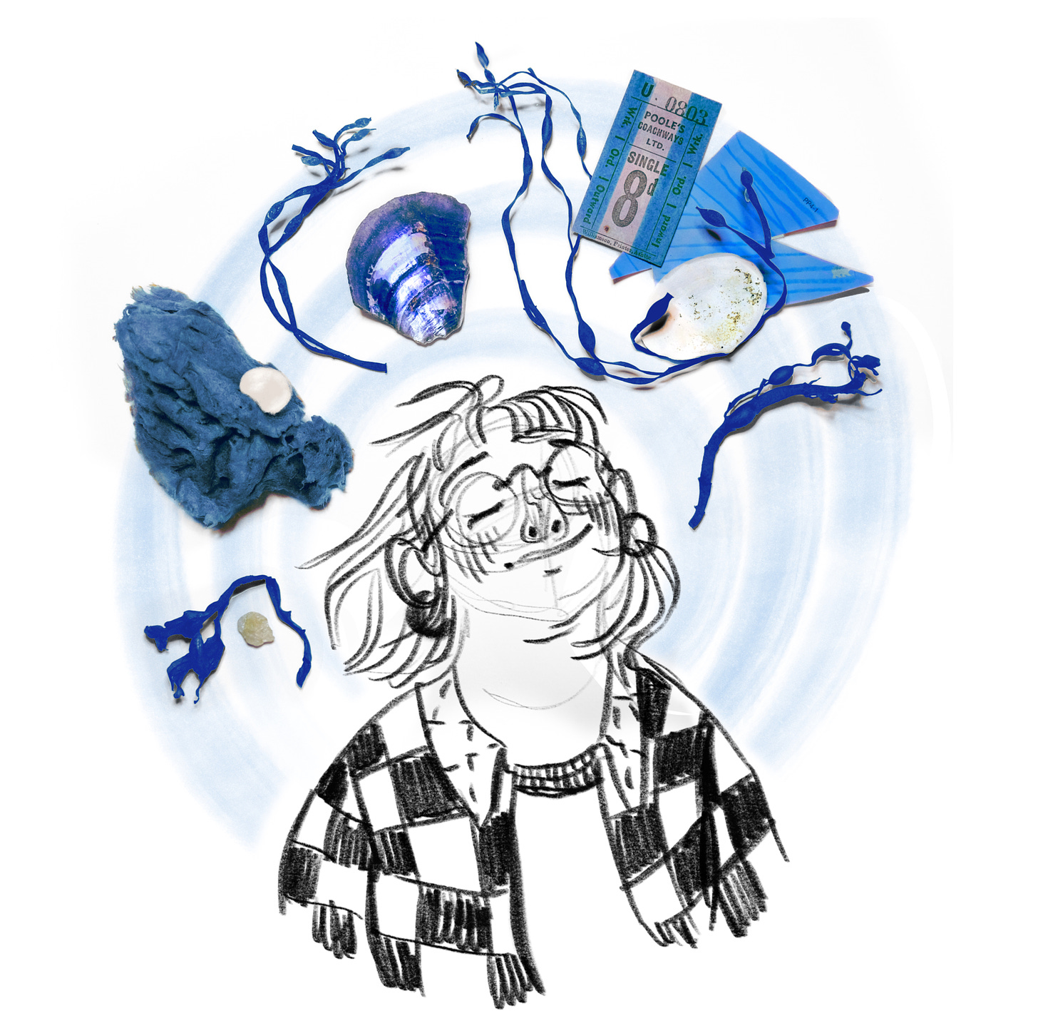 A black and white linework sketch of a person, eyes closed, surrounded by a blue "halo" filled with blue objects like seashells, seaweed, a ticket stub, a bit of natural sponge.