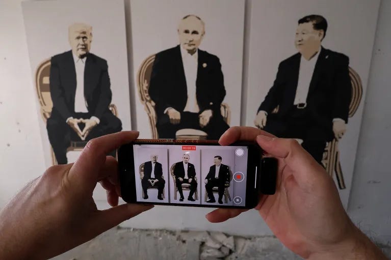 Artwork depicting Trump, Putin, and Xi at an art gallery in Crimea, Ukraine, February 2025