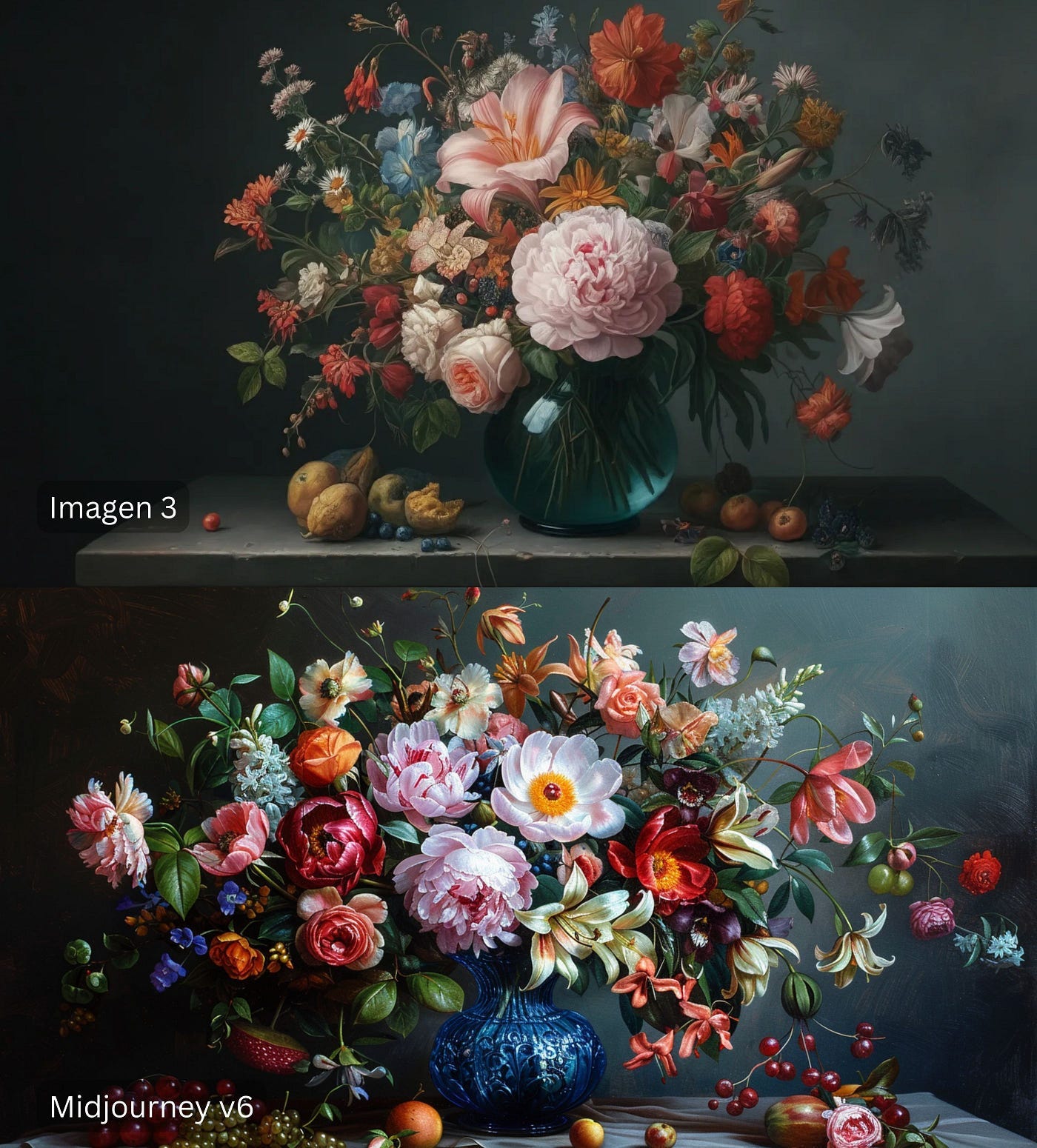 A large, colorful bouquet of flowers in an old blue glass vase on the table. In front is one beautiful peony flower surrounded by various other blossoms like roses, lilies, daisies, orchids, fruits, berries, green leaves. The background is dark gray. Oil painting in the style of the Dutch Golden Age.