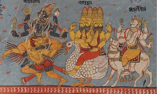 The Hindu Trimurti: Vishnu, Brahma and Shiva seated on their respective mounts. The Hindu Trimurti: Vishnu, Brahma and Shiva seated on their respective mounts.