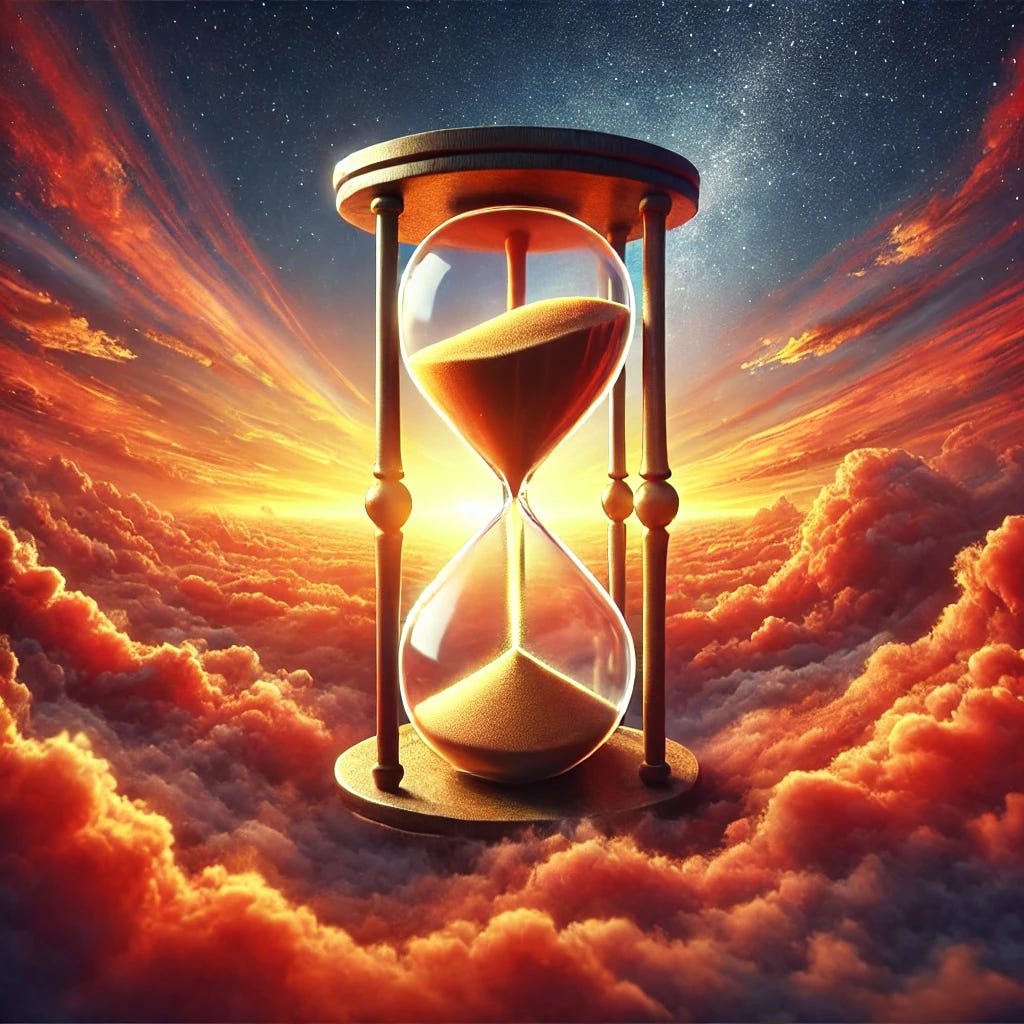 A thought-provoking image of an hourglass with sands of time flowing amidst a backdrop of a vibrant sunset. This symbolizes the relentless passage of time and the importance of making every moment count for personal development and growth.