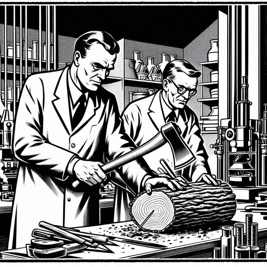 Dour looking scientists in lab coats with wickedly sharp axes chopping wood in a scientific laboratory, done in the style of a mid-twentieth century black and white line drawing propaganda poster.