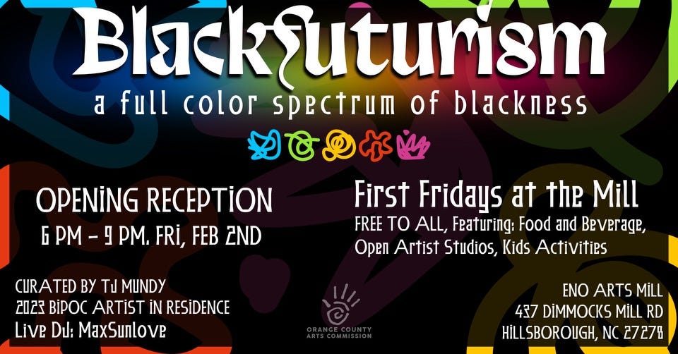Promo image for Blackfuturism show featuring multicolor line-drawings and details for the event (described in caption).