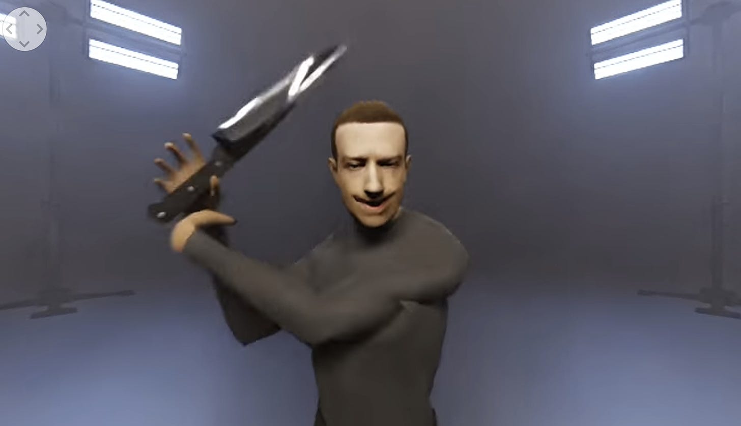 A computer generated image of Mark Zuckerberg wielding a very large kitchen knife.