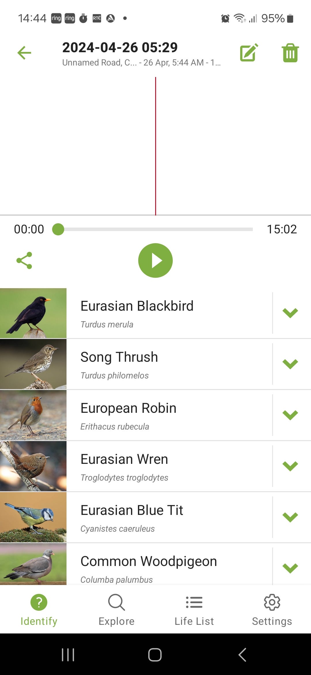 Merlin App screenshot showing some of the birds detected this morning: blackbird, thrush, robin, wren, blue tit, woodpigeon