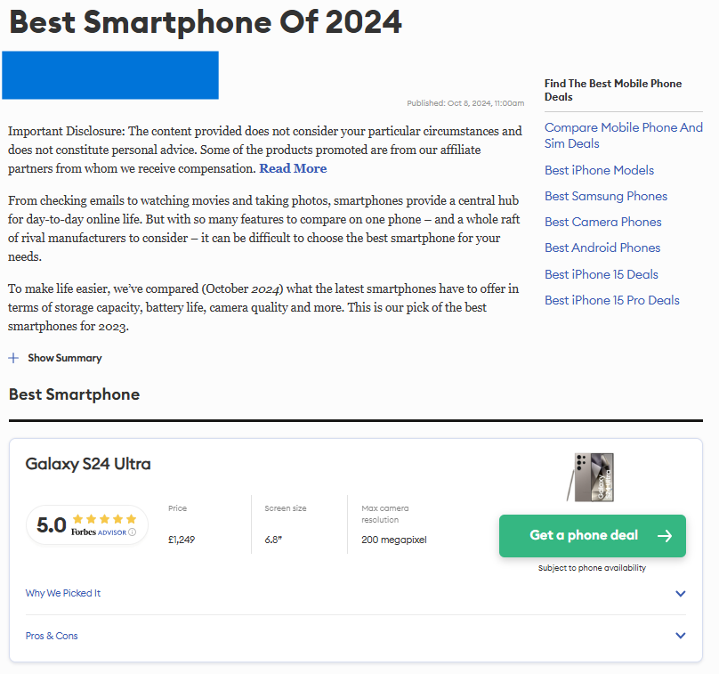 Forbes Advisor's best smartphone page