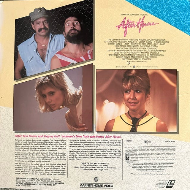 The back cover of the LaserDisc edition of After Hours showing pictures of the cast