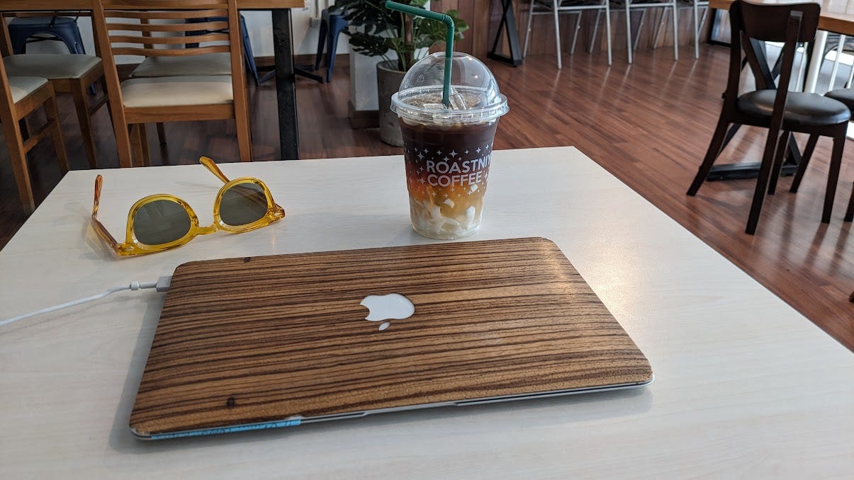 iced coco-press and laptop