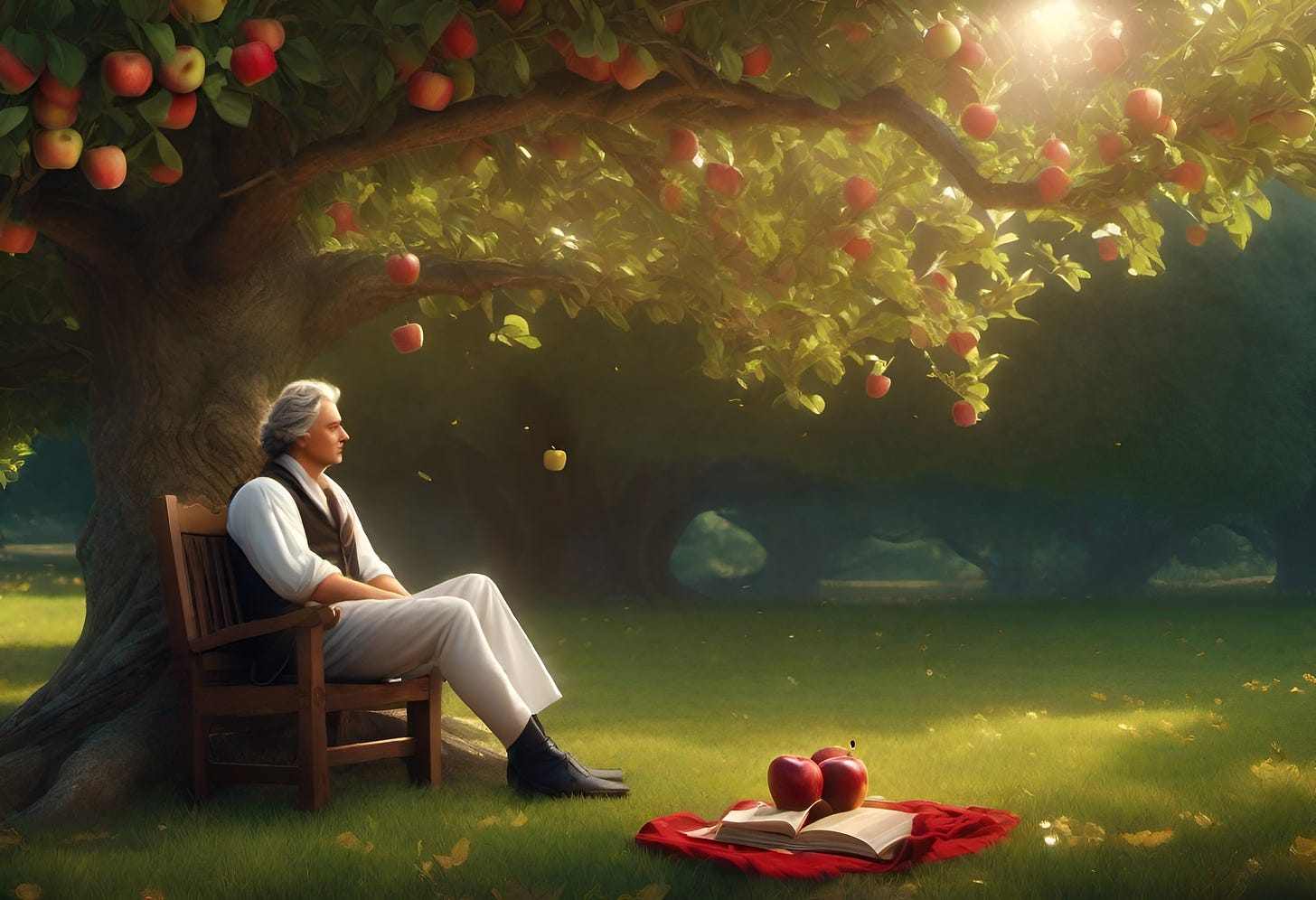 A man sitting on a chair beneath an apple tree with an open book on a red blanket across the grass.