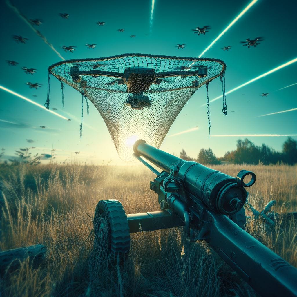 cannon shooting, a rope net striking a drone in a grass field, cyberpunk aesthetic