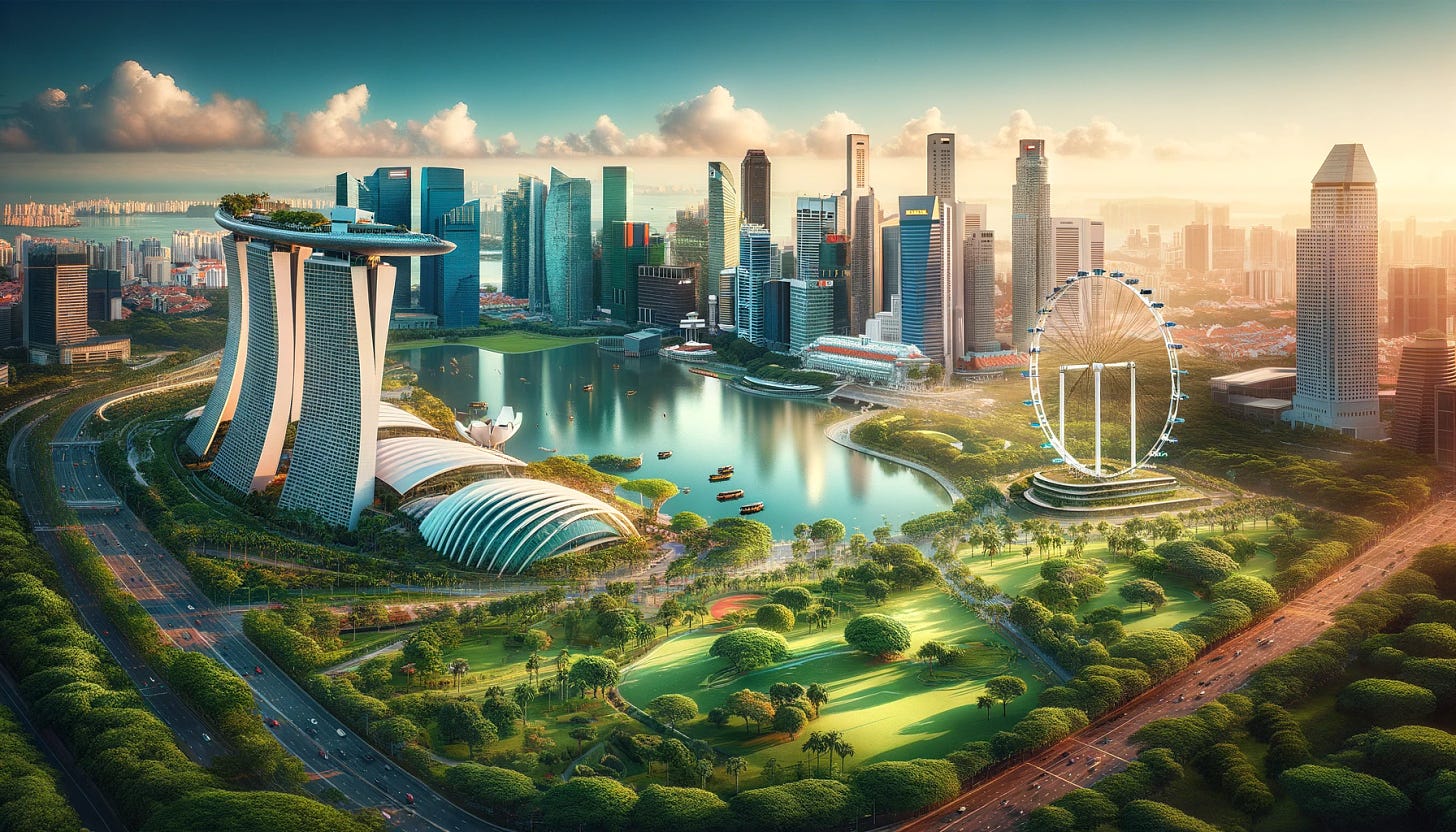 A picturesque view of Singapore showcasing its modern skyline, lush greenery, iconic Marina Bay Sands, and the Singapore Flyer, all harmoniously integrated into a vibrant cityscape. The image should capture the essence of Singapore's blend of urban development and natural beauty, featuring skyscrapers reflecting in the water, a clear blue sky, and abundant green spaces. This scene is meant to embody the dynamic and futuristic atmosphere of Singapore while paying homage to its commitment to sustainability and green living. The size of the image should be in a 16:9 ratio to emphasize the expansive and panoramic view of the city.