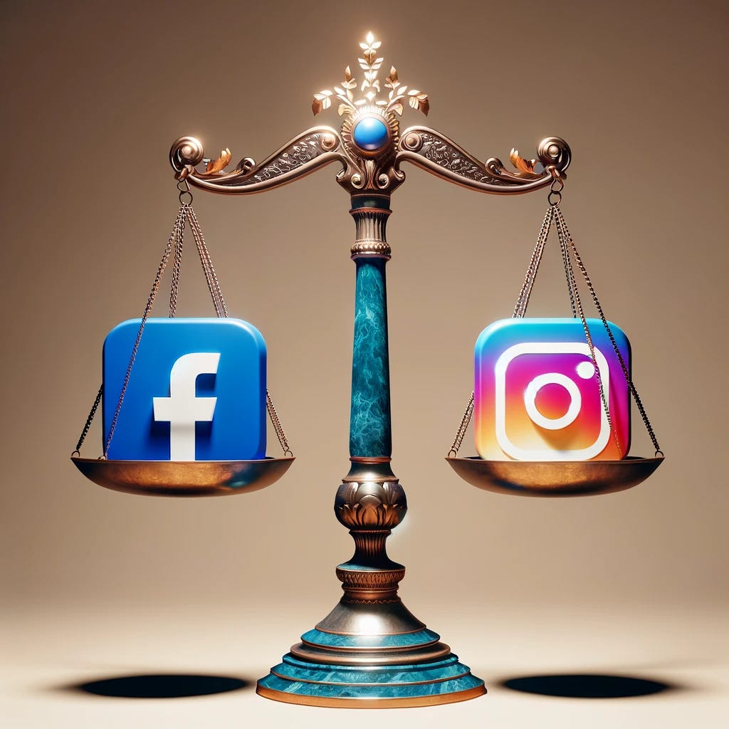 “An image showing the scales of justice with both Facebook and Instagram branding” / GPT-4
