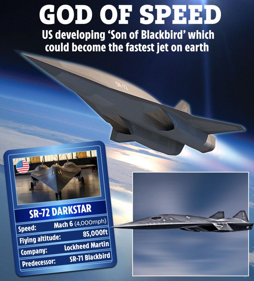 Illustration of the SR-72 Darkstar hypersonic aircraft, with specifications.