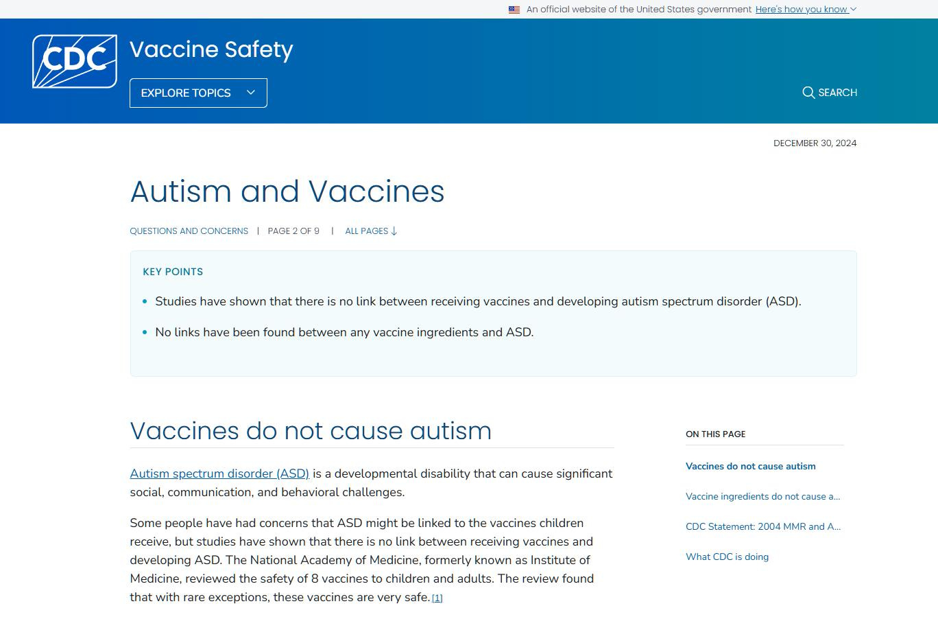 Image of the real CDC website for vaccines and autism. This website has the government banner at the top. Image of the real CDC website for vaccines and autism. This website has the government banner at the top.