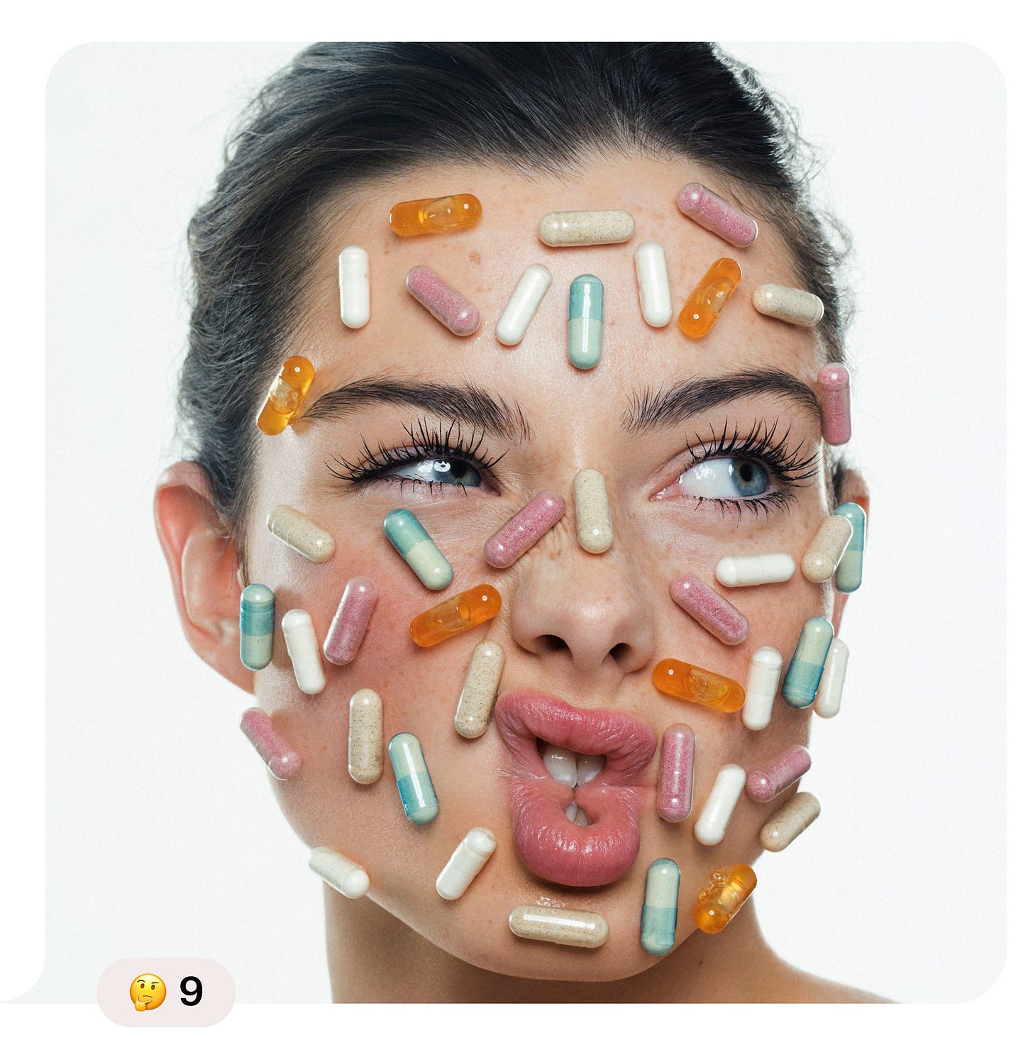 woman with colorful pills on her face