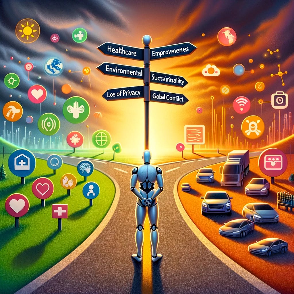 A thought-provoking illustration showcasing AI as a symbolic figure standing at a crossroads. On the left path, symbols of positive outcomes like healthcare improvements, environmental sustainability, and global connectivity are illustrated with bright colors and uplifting imagery. The right path is darker, with symbols of surveillance, loss of privacy, and conflict, representing the potential negative outcomes of AI. The crossroads are clearly marked, and the AI figure is depicted as a neutral, humanoid robot, contemplating its choices, embodying the critical moment of decision between beneficial and harmful uses of technology. The scene is set in a futuristic landscape to emphasize the forward-looking nature of the decision.